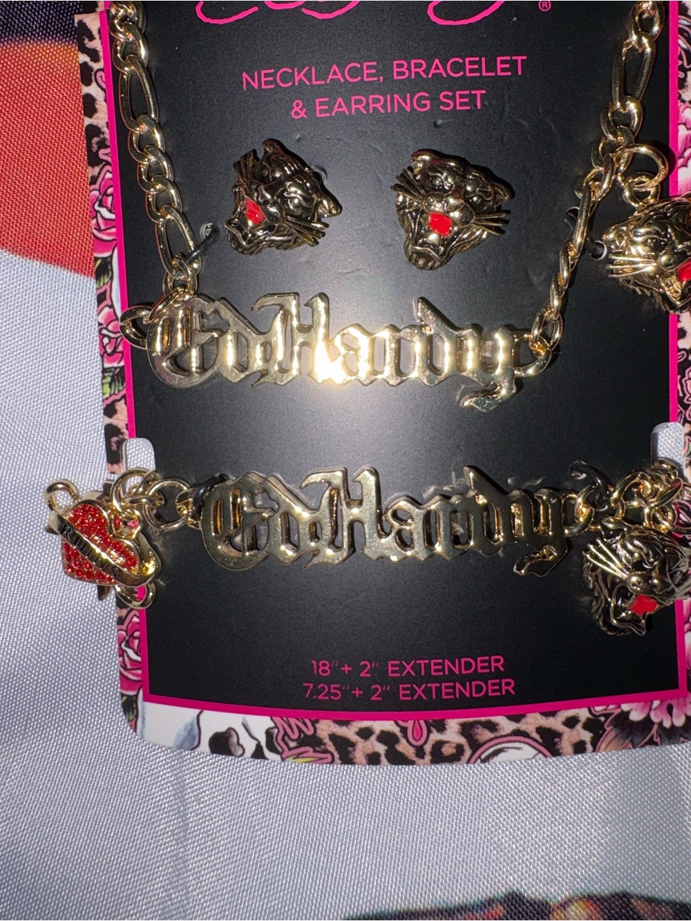 Ed Hardy Gold-Tone Necklace, Bracelet & Earrings Set with Red Accents